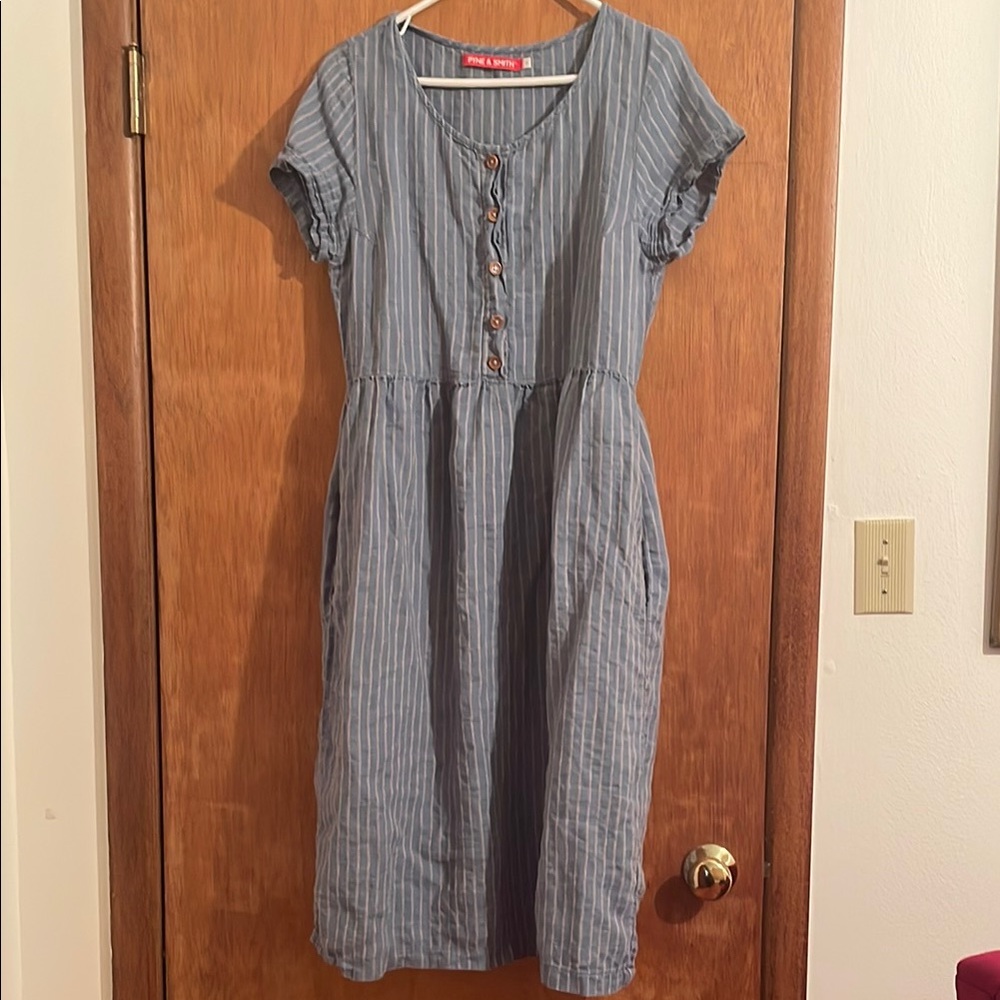 Pyne and Smith Blue and Light Pink Striped Linen Dress